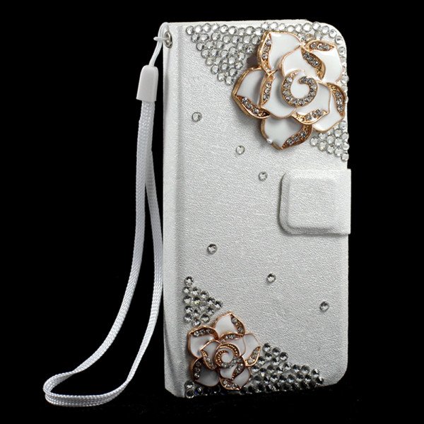 Wholesale iPhone 5 5S Crystal Flip Leather Wallet Case with Stand Strap (Double Flower WT)